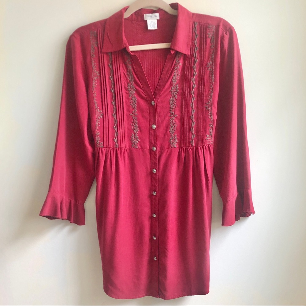 Tasha Polizzi | Red Embroidered Tie Waist Peasant Blouse